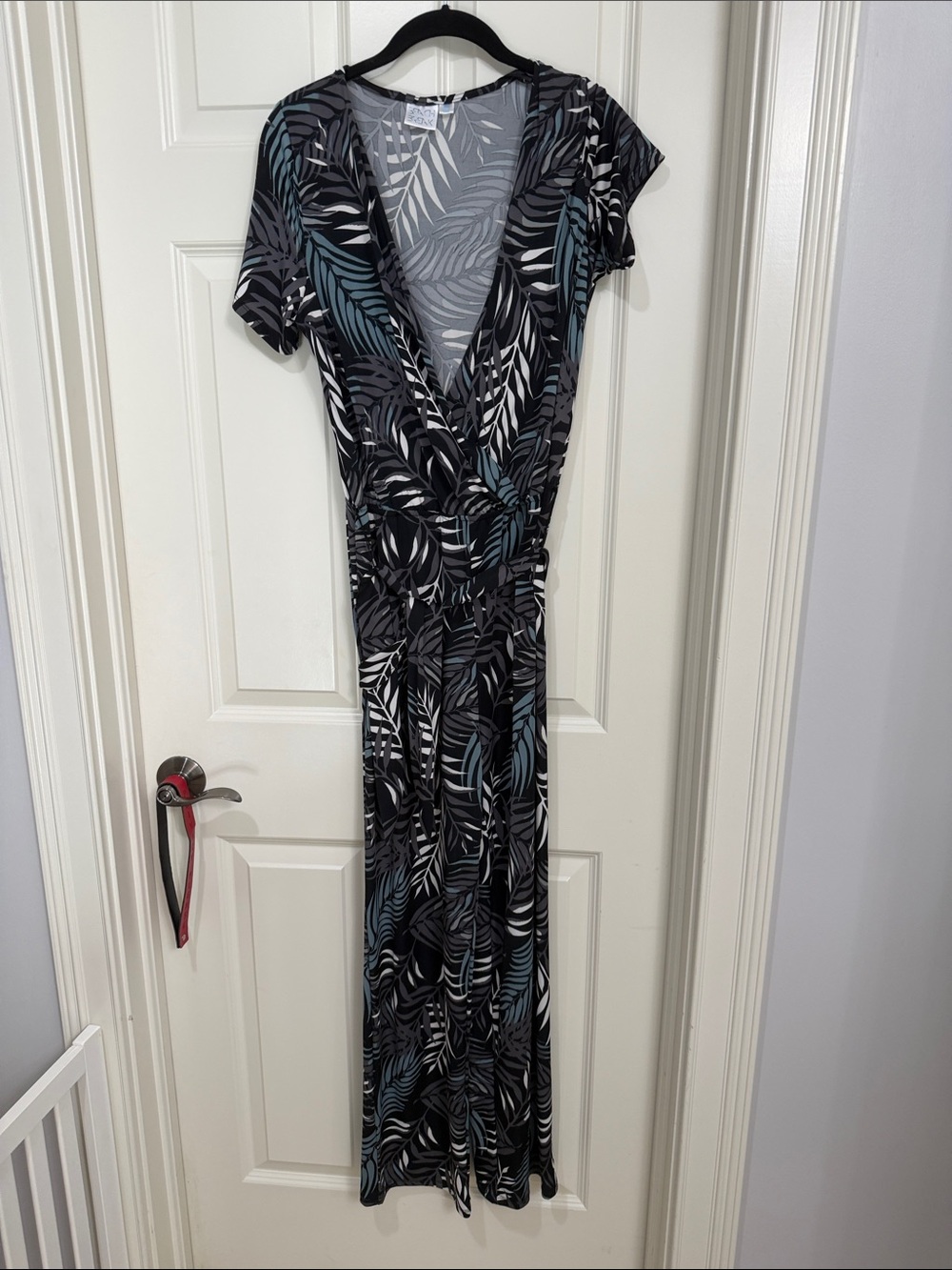 Black Leaf-Print Wrap Maxi Jumpsuit with Blue Accents